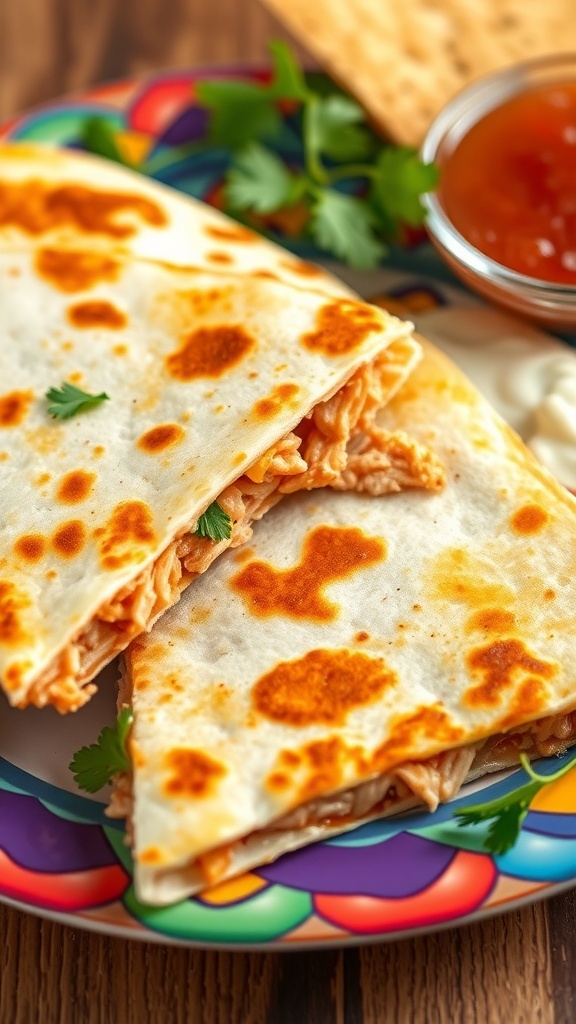 Crispy chicken quesadilla cut into wedges, served with salsa and sour cream, garnished with cilantro.